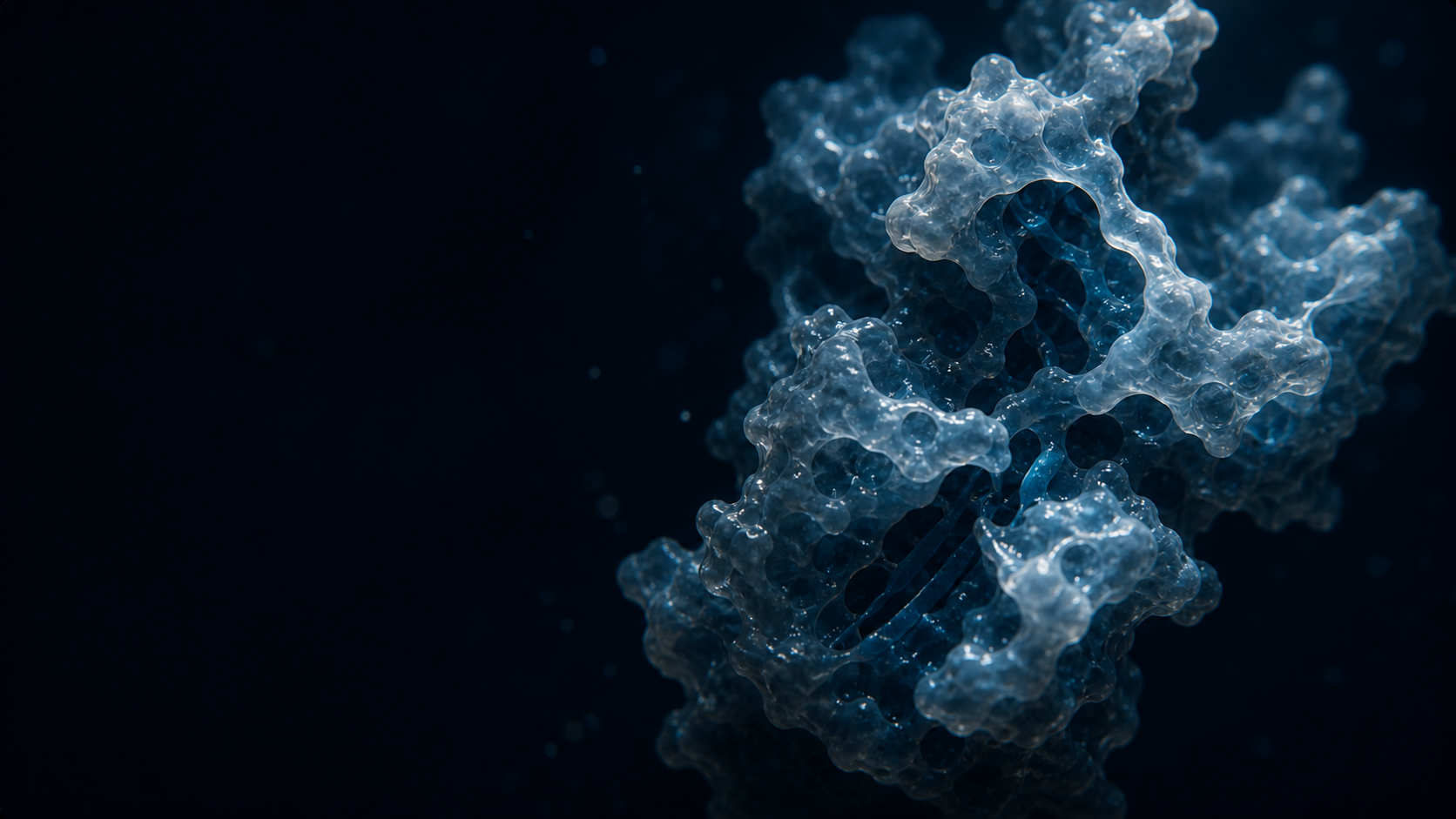 Translucent biomolecular form illuminated against a deep blue background